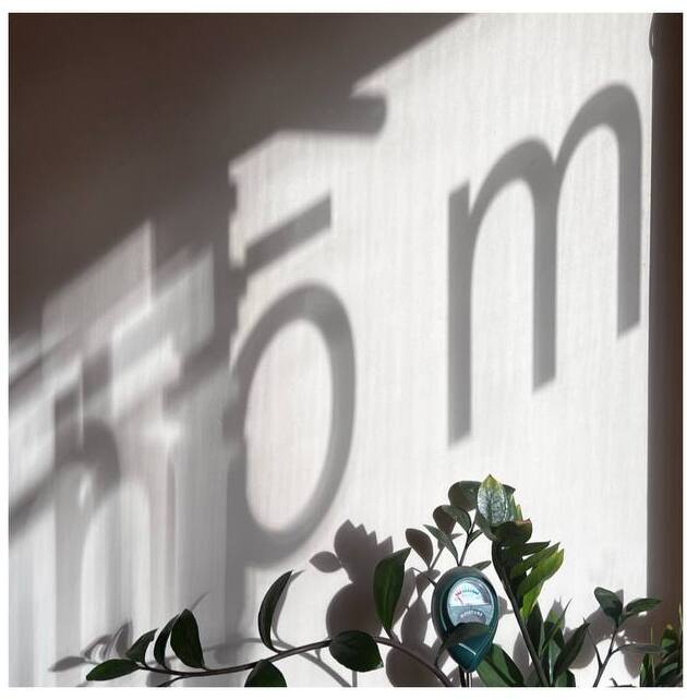 silhouette of hōm café's window logo on the wall